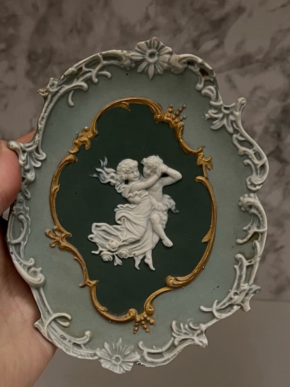 Two-Tone Green Jasperware Style Bisque Porcelain Wall Plaque with Cherub Relief